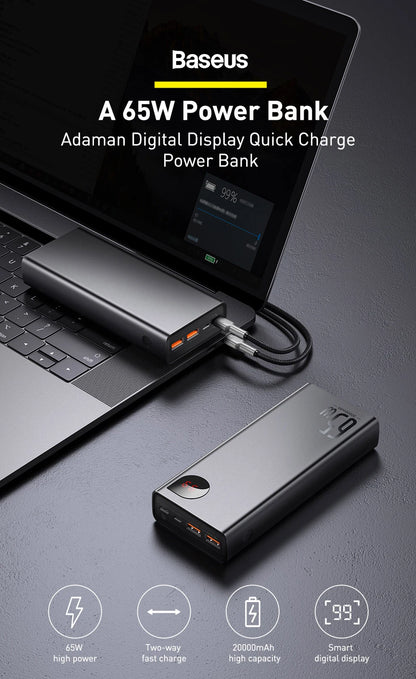 BASEUS 65W PD/QC 3.0 Power Bank | 20000mAh Portable External Laptop Charger