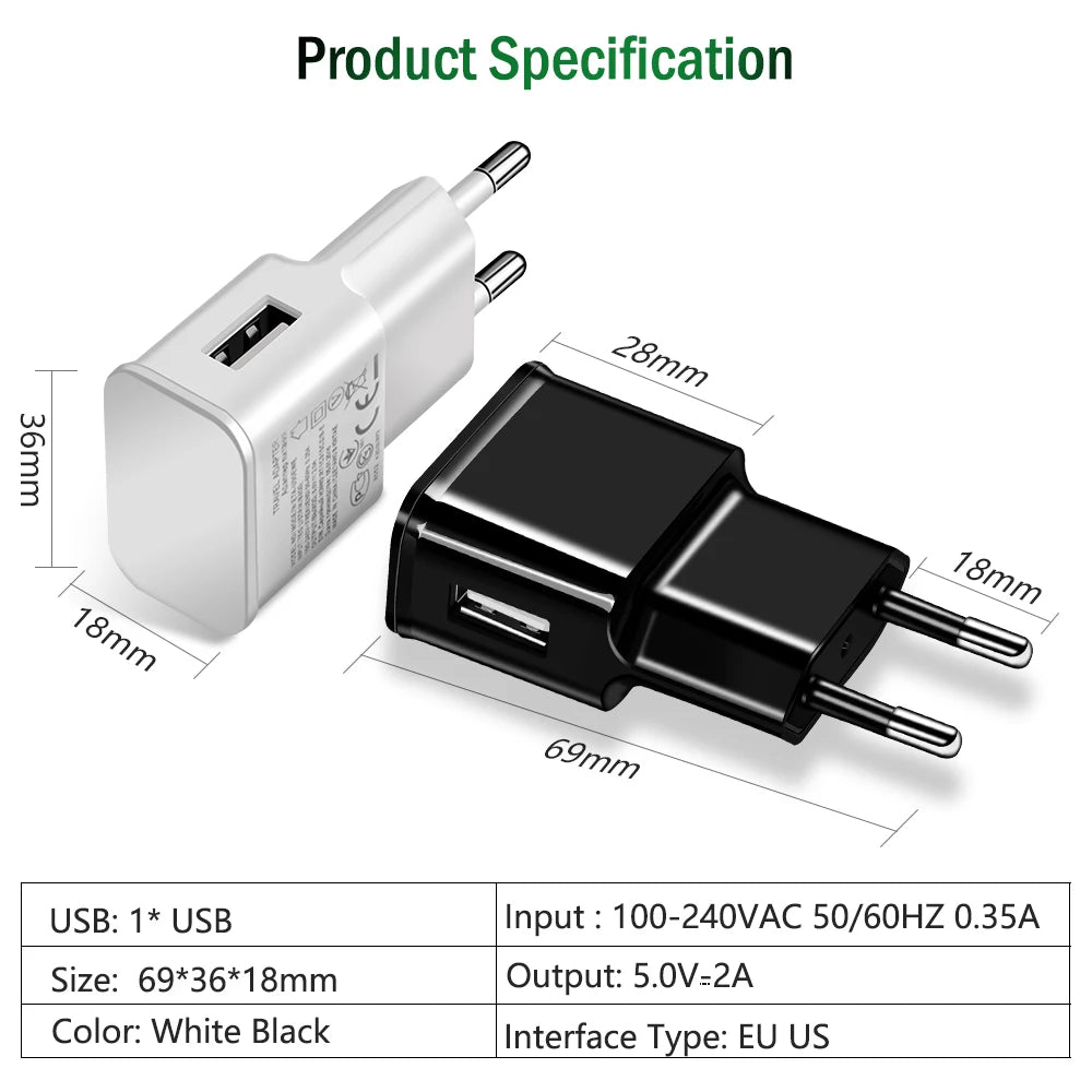 5V 2A USB Travel Charger Adapter and Cable Kit
