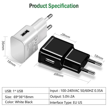 5V 2A USB Travel Charger Adapter and Cable Kit