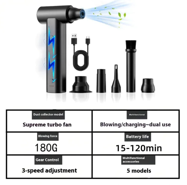 Compact 4-Speed Fan & Vacuum Cleaner, USB Rechargeable