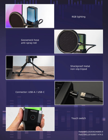 USB Condenser Microphone Kit with RGB Light for PC Streaming