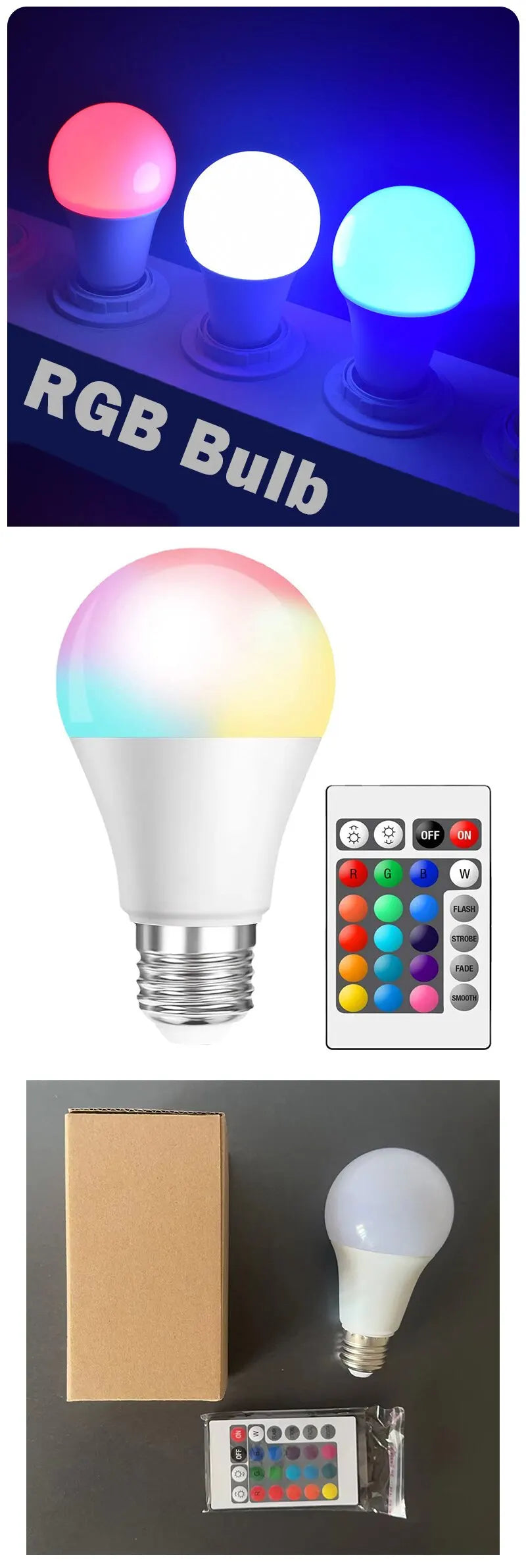 Smart RGB LED E27 Bulb (16 Colors, Dimmable, 24-Key Remote)