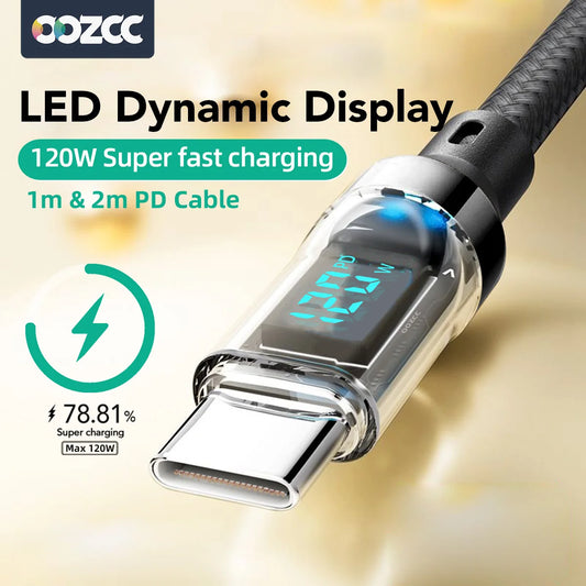 120W Super Fast Charging Cable w/ LCD Watt Display (for iPhone/USB-C)