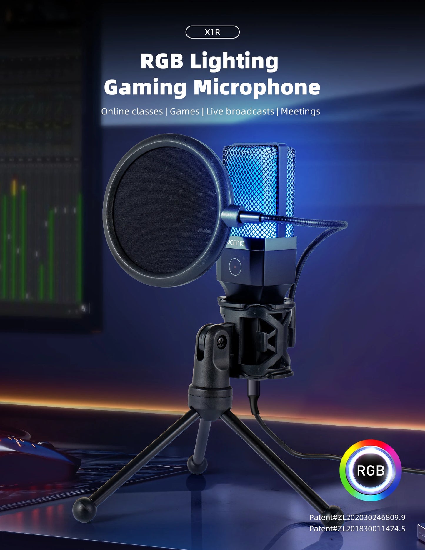 USB Condenser Microphone Kit with RGB Light for PC Streaming
