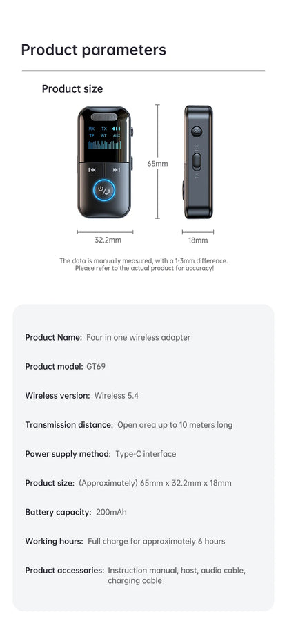 4-in-1 Bluetooth 5.4 Audio Transmitter & Receiver (3.5mm/TF)
