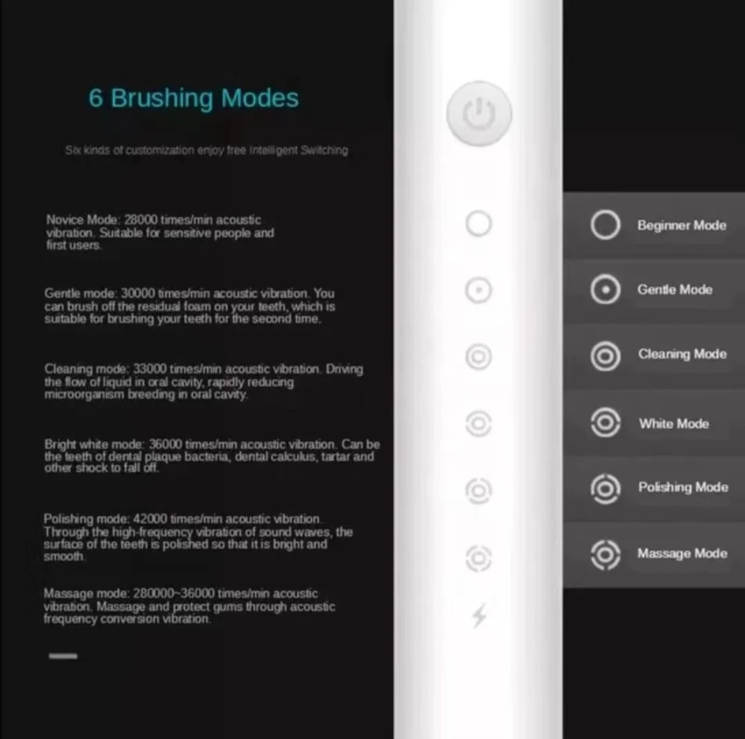Sonic Electric Toothbrush (6 Modes, USB Rechargeable, IPX7 Waterproof)