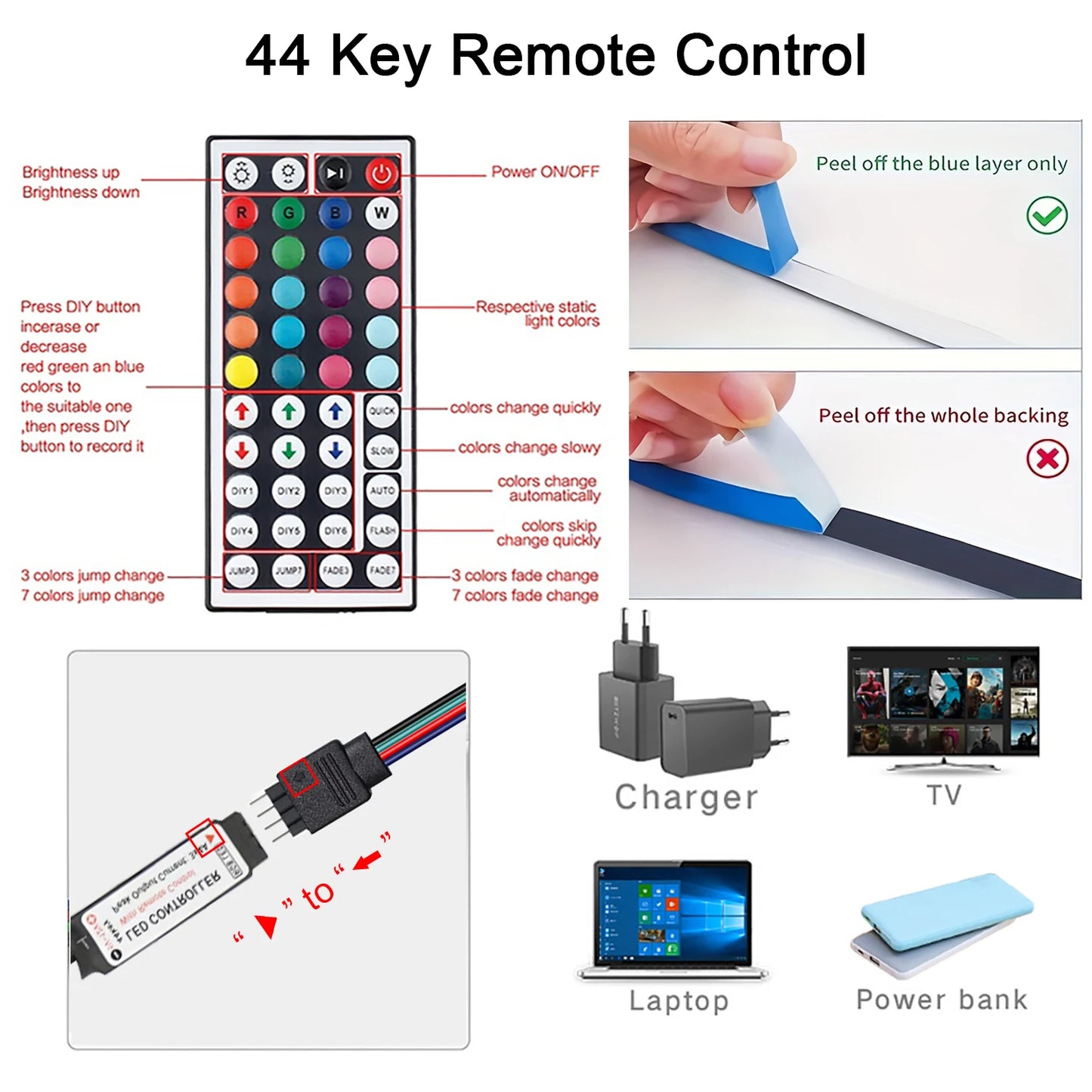 RGB LED Strip Light w/ 44-Key Remote (Multi-Length Decor)