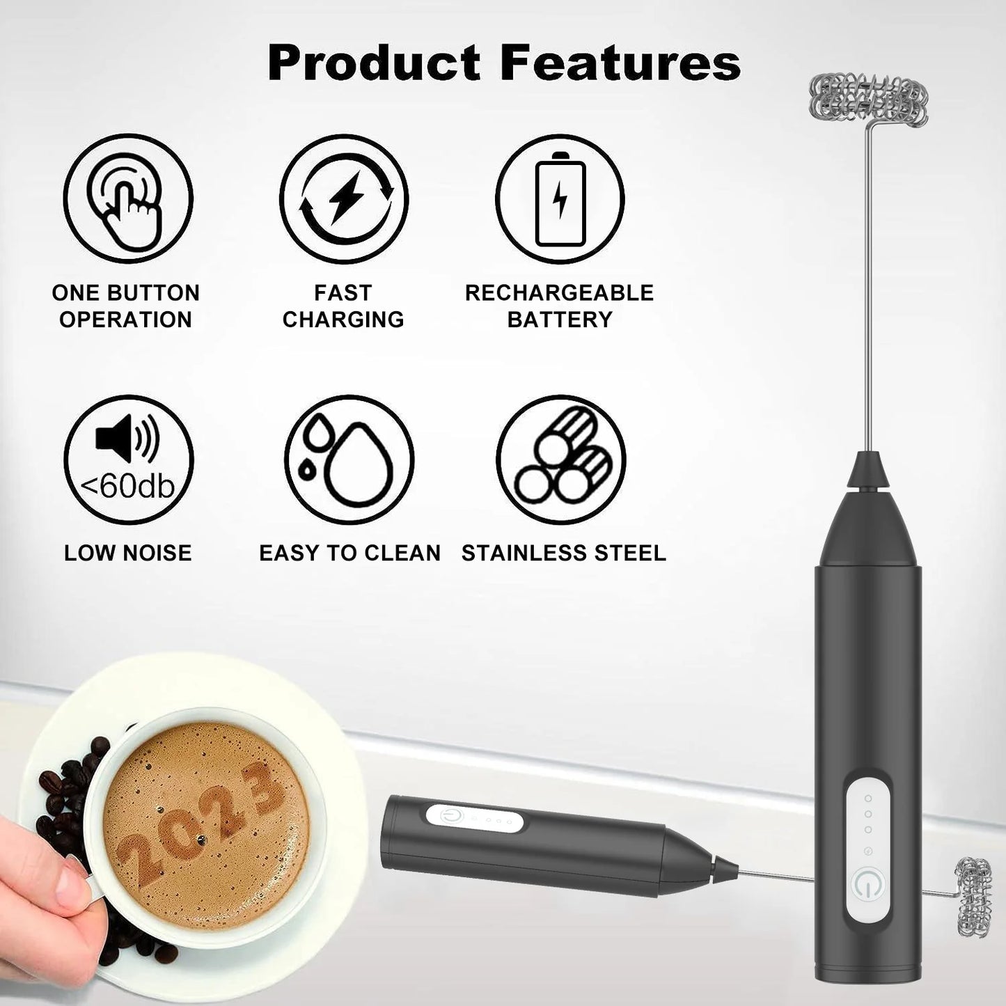 USB Rechargeable Electric Milk Frother (3 Speeds) for Coffee