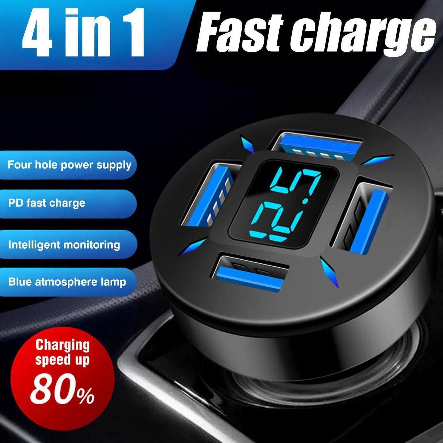 66W Fast Car Charger Adapter | 4-Port USB A & USB C Quick Charging