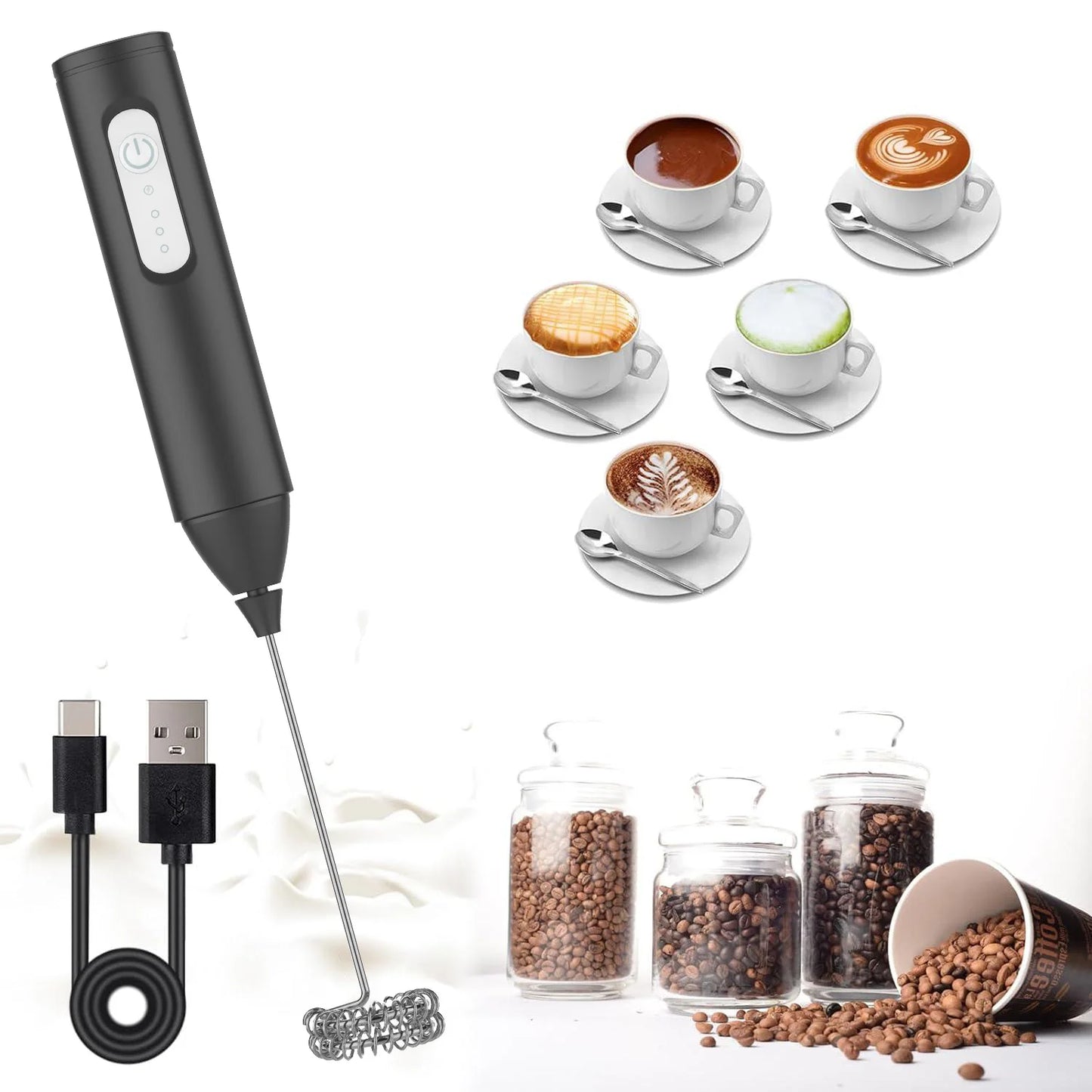USB Rechargeable Electric Milk Frother (3 Speeds) for Coffee