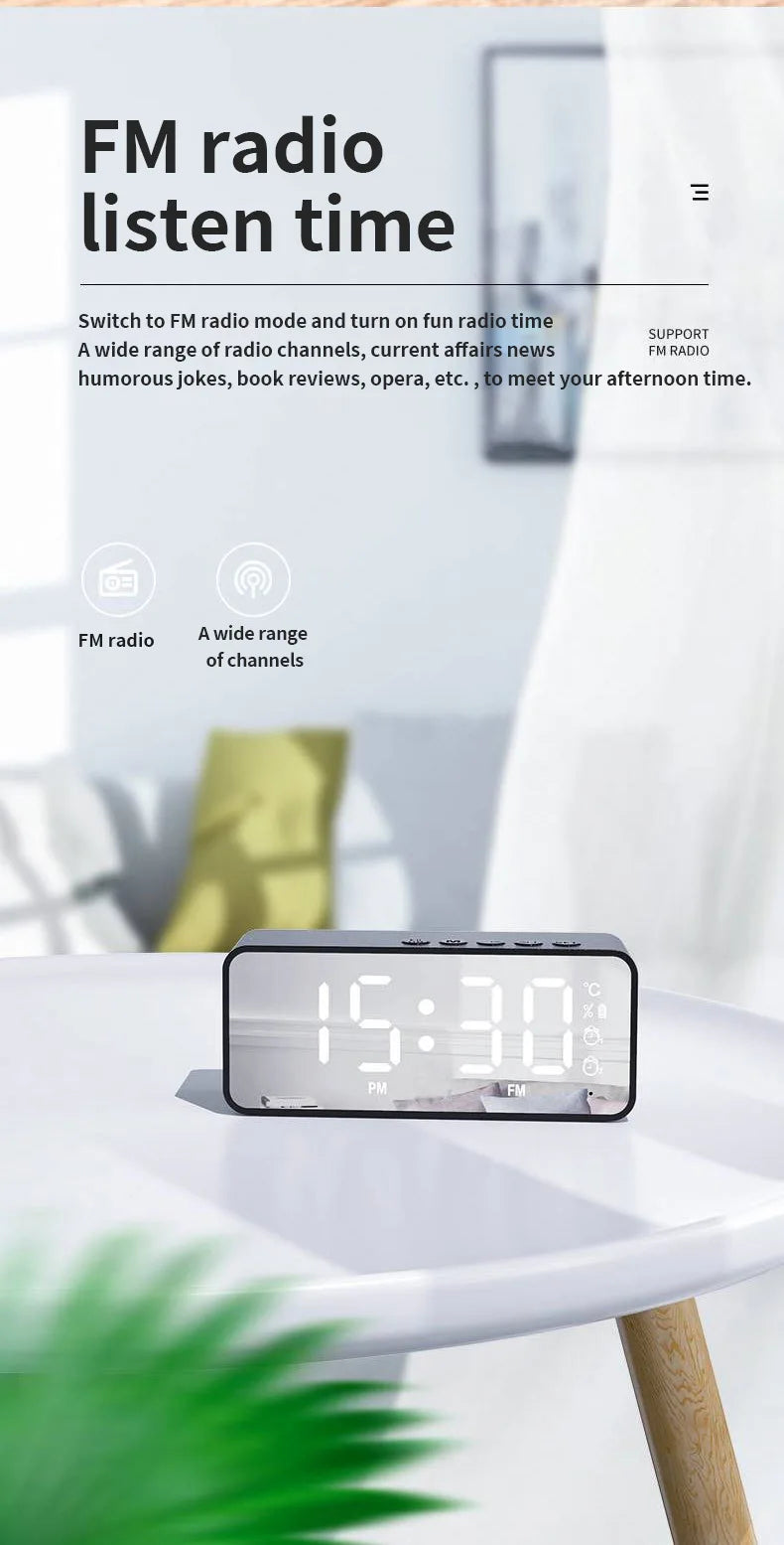 G50 Mini Bluetooth Speaker | Mirror LED Alarm Clock & FM Radio