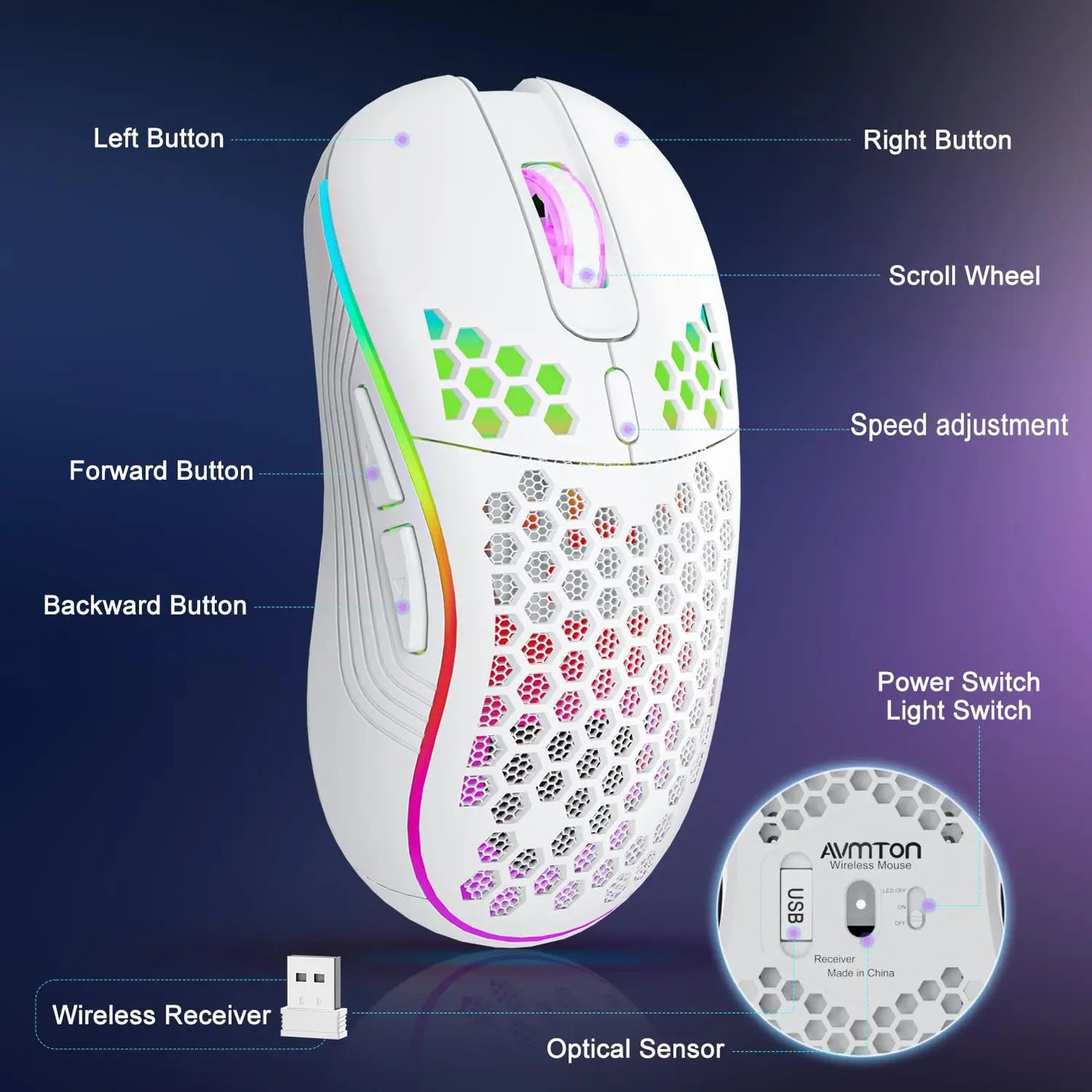 2.4G Wireless Gaming Mouse (RGB Honeycomb Design, Rechargeable)