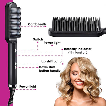 Professional Electric Hair Straightener Brush | Fast Heating Ceramic 2-in-1 Tool