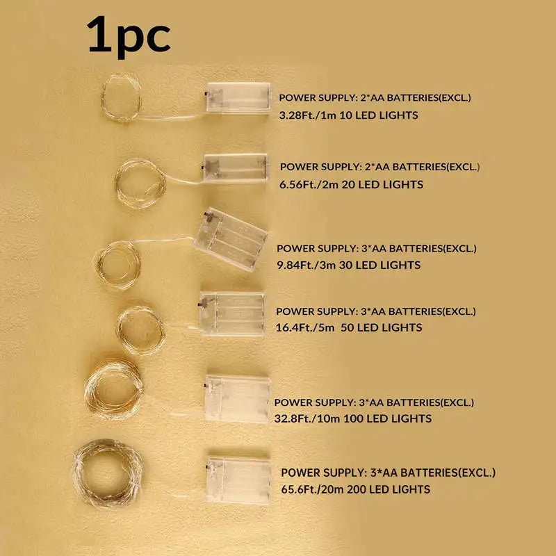 Battery-Powered LED Fairy String Lights (Copper Wire)