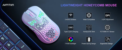 2.4G Wireless Gaming Mouse (RGB Honeycomb Design, Rechargeable)