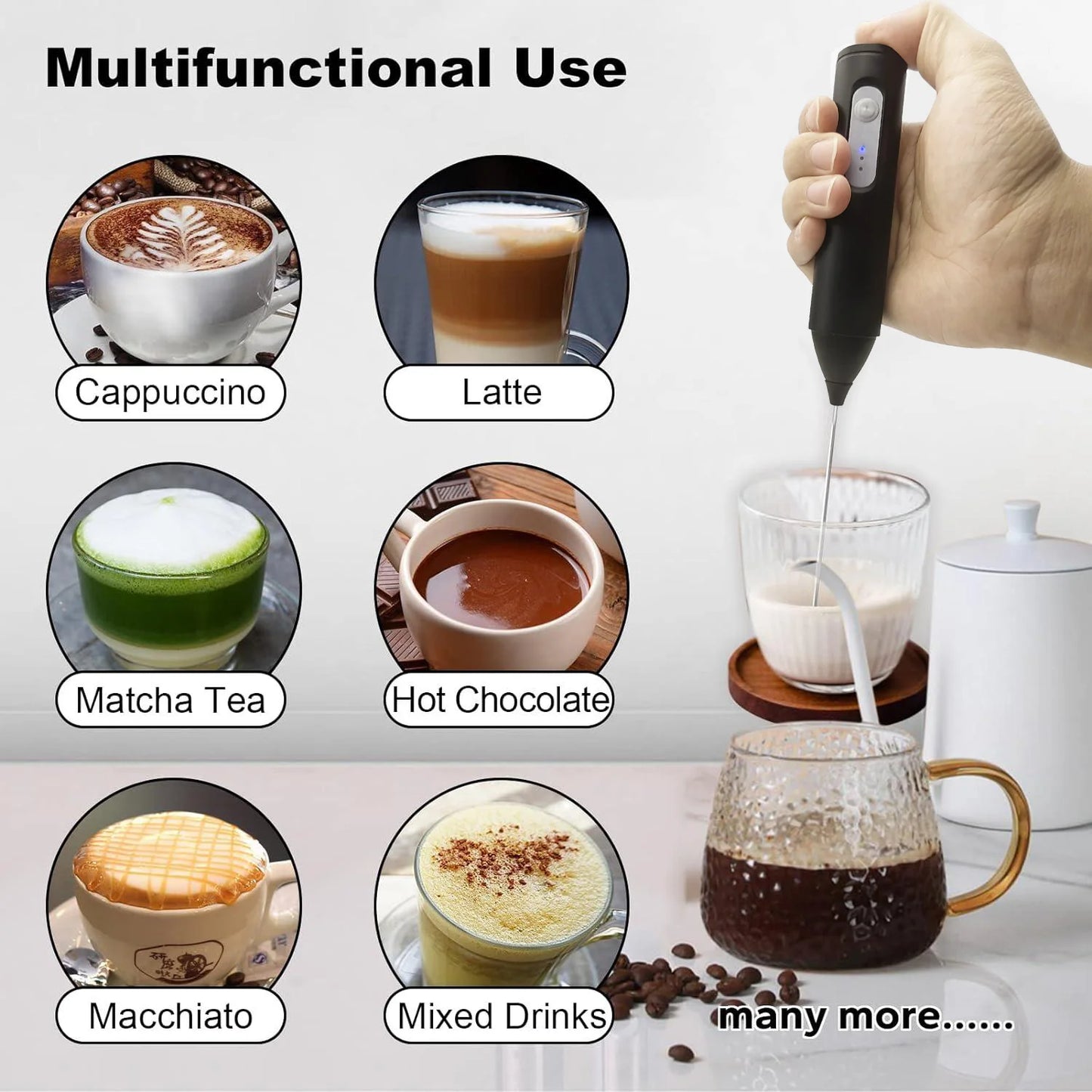 USB Rechargeable Electric Milk Frother (3 Speeds) for Coffee