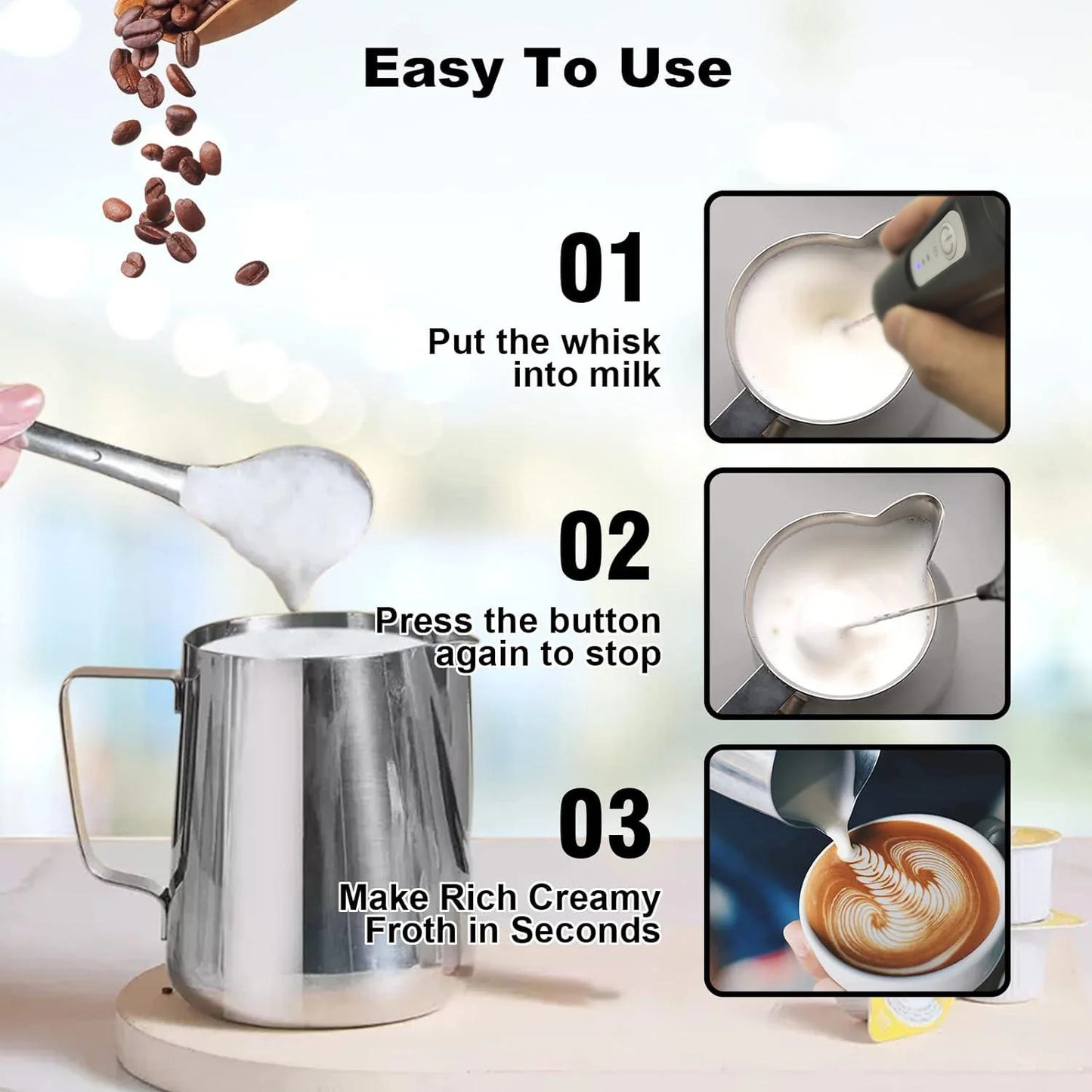 USB Rechargeable Electric Milk Frother (3 Speeds) for Coffee