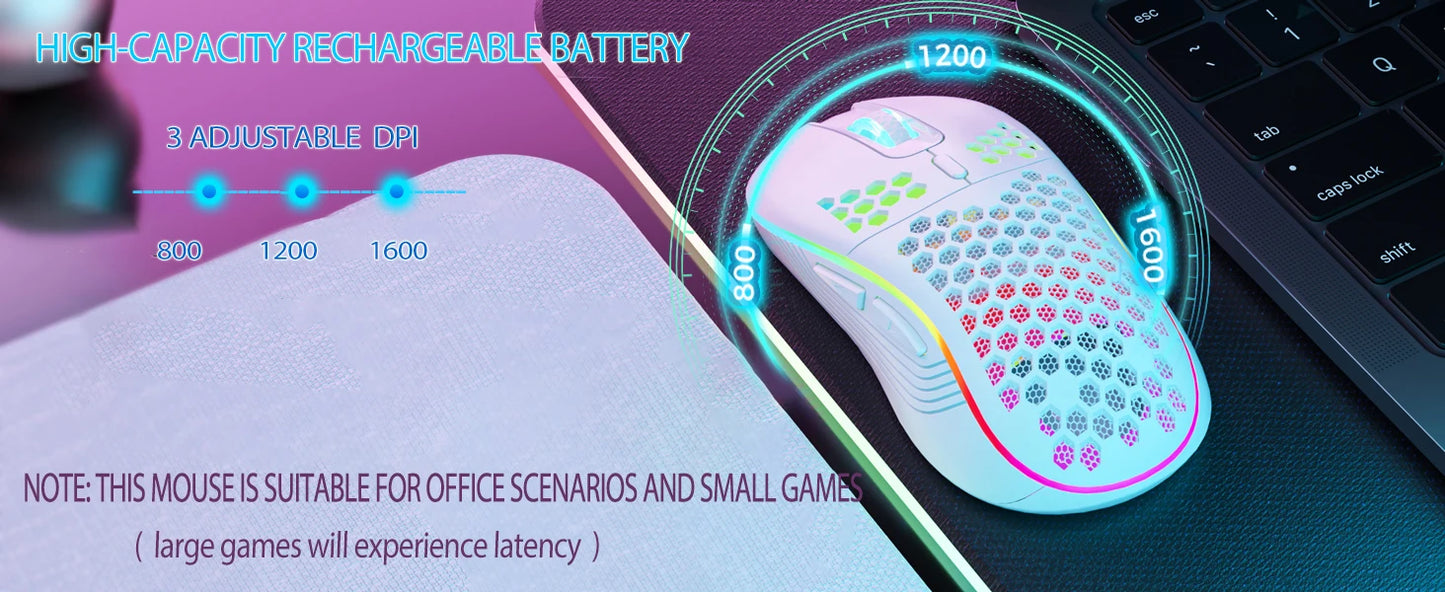 2.4G Wireless Gaming Mouse (RGB Honeycomb Design, Rechargeable)