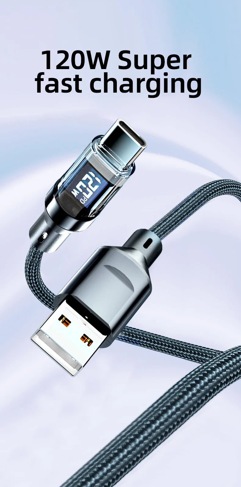 120W Super Fast Charging Cable w/ LCD Watt Display (for iPhone/USB-C)