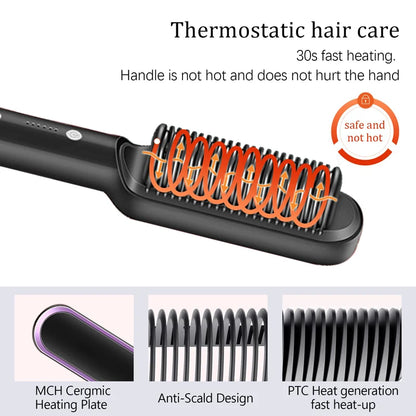 Professional Electric Hair Straightener Brush | Fast Heating Ceramic 2-in-1 Tool