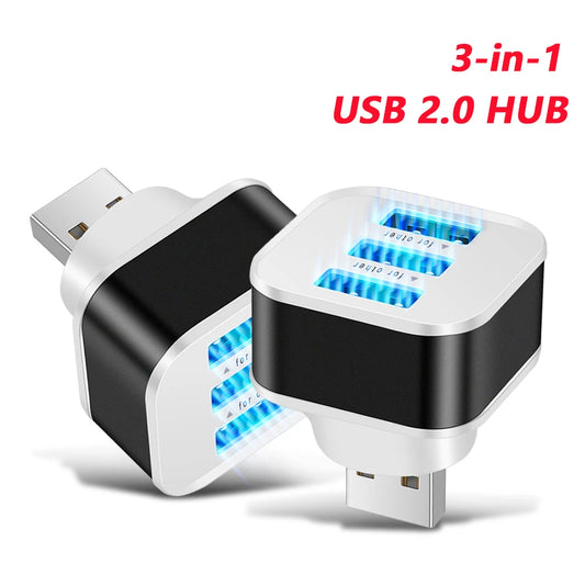 3-in-1 USB Hub Splitter | 3 Port USB 2.0/3.0 Adapter Extender for PC/Car