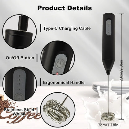USB Rechargeable Electric Milk Frother (3 Speeds) for Coffee