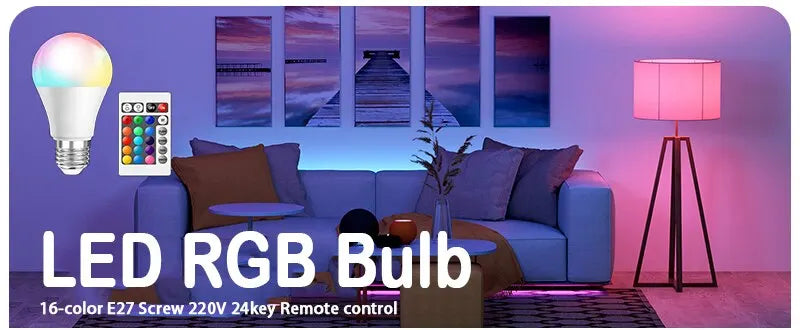 Smart RGB LED E27 Bulb (16 Colors, Dimmable, 24-Key Remote)